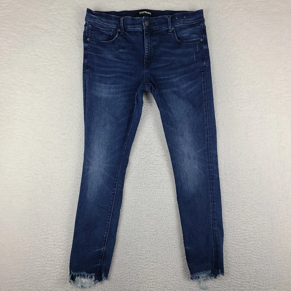 EXPRESS Jeans Womens 12 Blue Ankle Legging Mid Rise Stretch + Dark Wash Fray